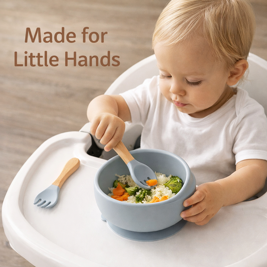 3-Piece Silicone Baby Feeding Bowl Set with Suction Base, Wooden Spoon & Fork (BPA-Free)