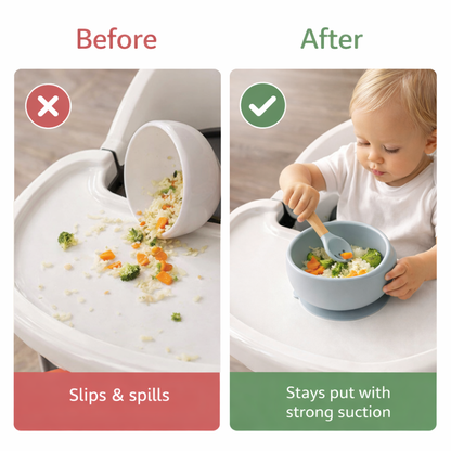 3-Piece Silicone Baby Feeding Bowl Set with Suction Base, Wooden Spoon & Fork (BPA-Free)