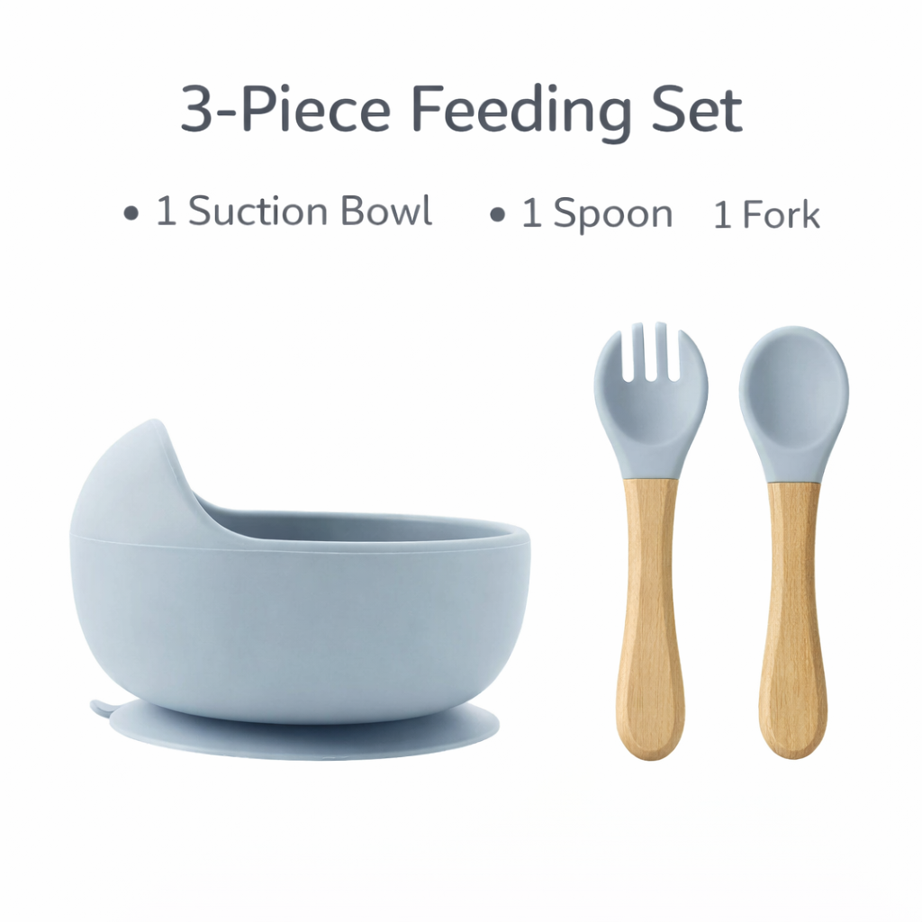 3-Piece Silicone Baby Feeding Bowl Set with Suction Base, Wooden Spoon & Fork (BPA-Free)