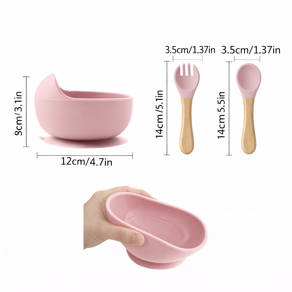 3-Piece Silicone Baby Feeding Bowl Set with Suction Base, Wooden Spoon & Fork (BPA-Free)