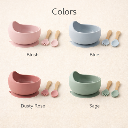 3-Piece Silicone Baby Feeding Bowl Set with Suction Base, Wooden Spoon & Fork (BPA-Free)