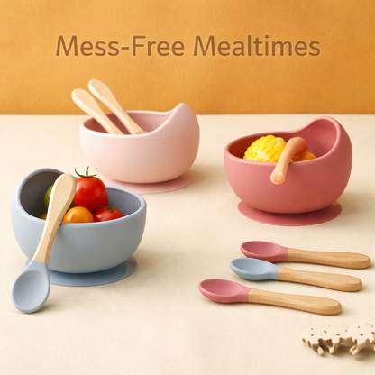 3-Piece Silicone Baby Feeding Bowl Set with Suction Base, Wooden Spoon & Fork (BPA-Free)