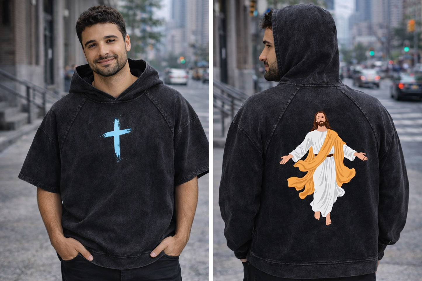 Cross and Jesus printed Hooded Boxy T-Shirt