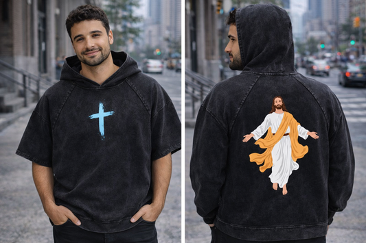 Cross and Jesus printed Hooded Boxy T-Shirt