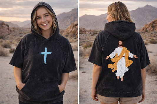 Cross and Jesus printed Hooded Boxy T-Shirt