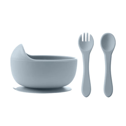 3-Piece Silicone Baby Feeding Bowl Set with Suction Base, Wooden Spoon & Fork (BPA-Free)