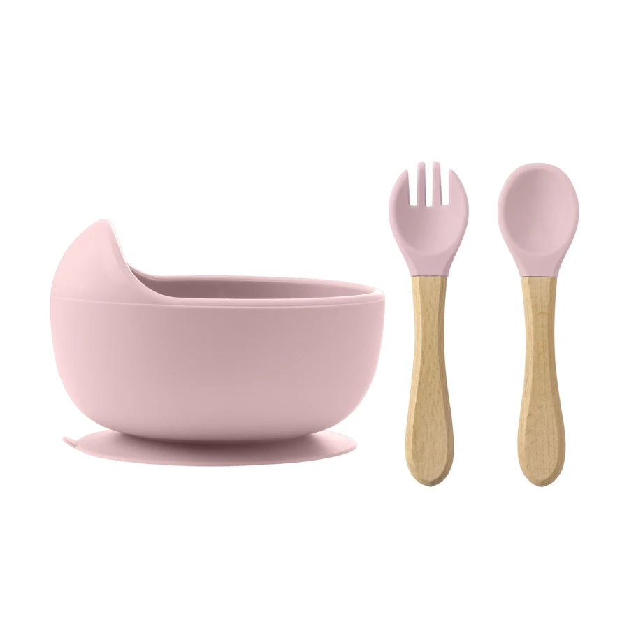 3-Piece Silicone Baby Feeding Bowl Set with Suction Base, Wooden Spoon & Fork (BPA-Free)