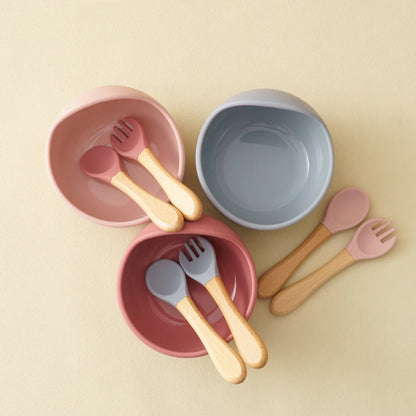 3-Piece Silicone Baby Feeding Bowl Set with Suction Base, Wooden Spoon & Fork (BPA-Free)