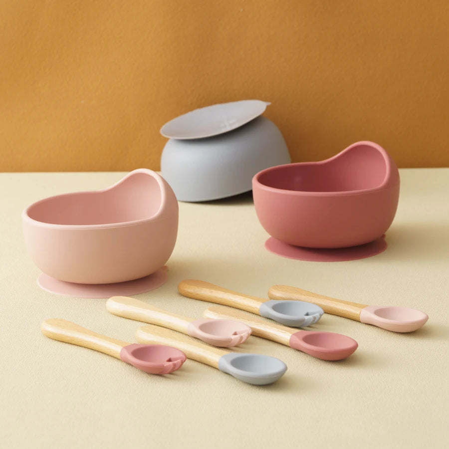3-Piece Silicone Baby Feeding Bowl Set with Suction Base, Wooden Spoon & Fork (BPA-Free)