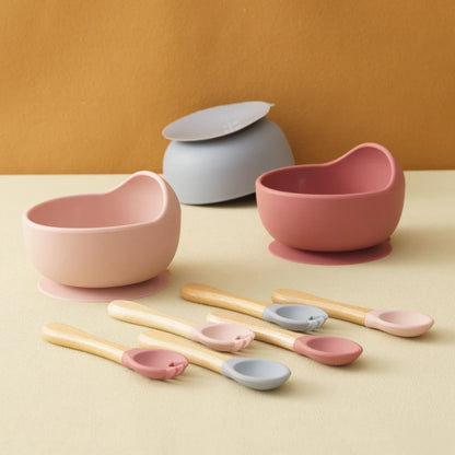 3-Piece Silicone Baby Feeding Bowl Set with Suction Base, Wooden Spoon & Fork (BPA-Free)