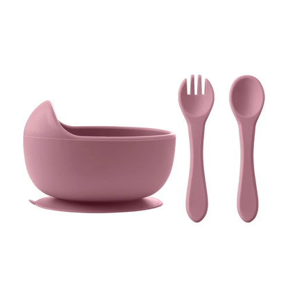 3-Piece Silicone Baby Feeding Bowl Set with Suction Base, Wooden Spoon & Fork (BPA-Free)