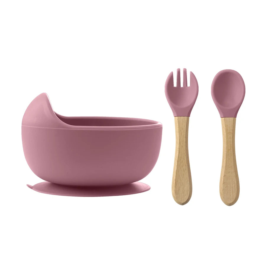 3-Piece Silicone Baby Feeding Bowl Set with Suction Base, Wooden Spoon & Fork (BPA-Free)