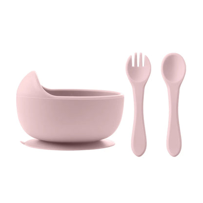 3-Piece Silicone Baby Feeding Bowl Set with Suction Base, Wooden Spoon & Fork (BPA-Free)