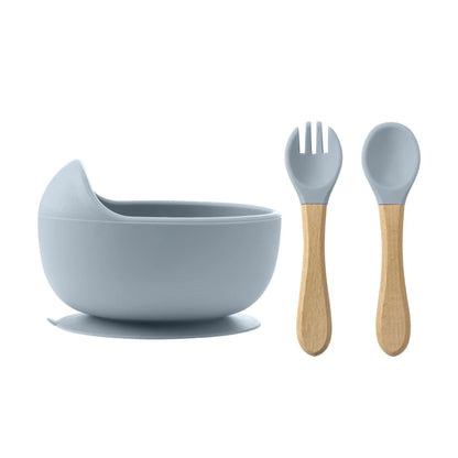 3-Piece Silicone Baby Feeding Bowl Set with Suction Base, Wooden Spoon & Fork (BPA-Free)